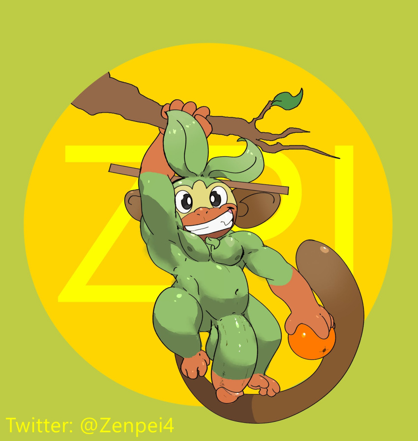 1boy 2019 4_toes 5_fingers anthro anthrofied armpits big_ass big_belly big_ears black_eyes chubby fangs feet flaccid food furry green_border green_fur grin grookey hanging_from_branch haplorhine hi_res holding huge_penis male male_only mammal monkey monkey_boy monkey_feet musclegut muscular navel nintendo nipples nude original_character penis pokémon_(species) pokemon pokemon_ss prehensile_feet prehensile_tail primate small_but_hung smile solo tail teeth testicles text thick_thighs toes tree_branch twitter_username video_games yellow_background zenpei