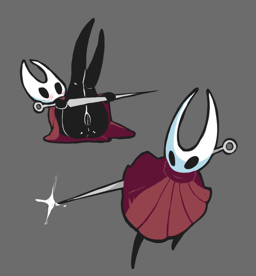 absurdres arthropod ass blush cloak female highres hollow_knight hornet_(hollow_knight) insects lying mob_face needle notepaddy pussy simple_background solo weapon