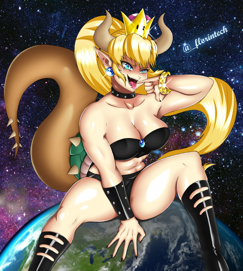 abs armband armwear big_breasts black_boots black_bra black_legwear black_nails black_panties black_underwear blonde_hair boots bowsette bra choker cleavage covering_crotch crown earrings earth finger_in_mouth finger_to_mouth florintech genderswap giantess highres horn horns huge_breasts jewel jewelry legs mario_(series) muscles new_super_mario_bros._u_deluxe nintendo nipple_bulge panties ponytail sharp_teeth shell shiny shiny_skin shoes sitting sitting_on_planet skimpy skimpy_clothes smile space spiked_collar spikes spread_legs super_crown tail thick thick_thighs thighs tongue tongue_out tubetop underwear wristband