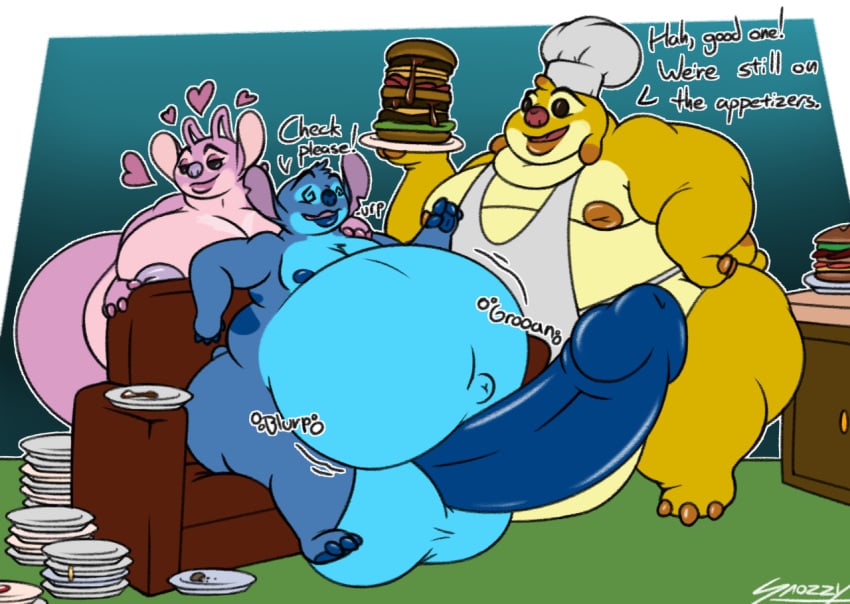 2019 3_toes 4_fingers alien angel_(lilo_and_stitch) antennae anthro apron back_markings big_balls black_eyes blue_claws blue_fur blue_lips blue_nipples blue_pawpads blue_penis breast_markings breasts brown_lips brown_nipples burger burping chef_hat chest_tuft claws clothing dialogue dipstick_antennae dipstick_ears disney english_text experiment_(lilo_and_stitch) female food fur gradient_background group hat head_tuft headgear headwear holding_food holding_object huge_balls hyper hyper_penis lilo_and_stitch male male_focus markings morbidly_obese multicolored_antennae multicolored_ears navel nipples notched_ear nude obese onomatopoeia open_mouth overweight pawpads penis pink_claws pink_fur plate purple_nipples purple_nose red_nose reuben_(lilo_and_stitch) signature simple_background small_tail smile snozzy sofa sound_effects spiral_eyes stitch_(lilo_and_stitch) stuffing testicles text toes tuft yellow_fur