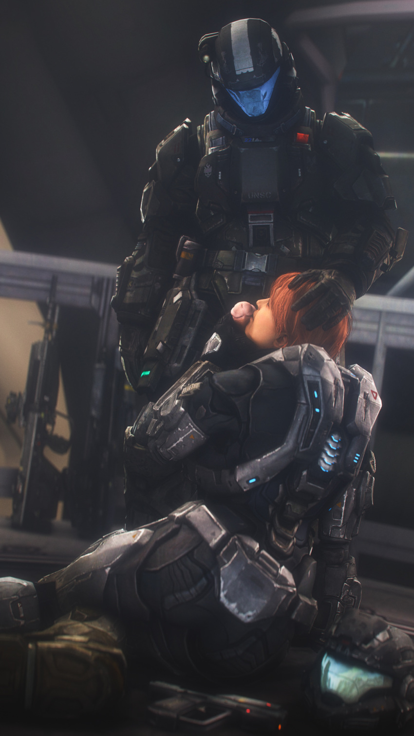 1boy 1girls 3d armor bodysuit fellatio gun halo_(series) halo_reach hand_on_head noble_six odst penis power_armor red_hair sci-fi science_fiction spartan spartan_(halo) zwift