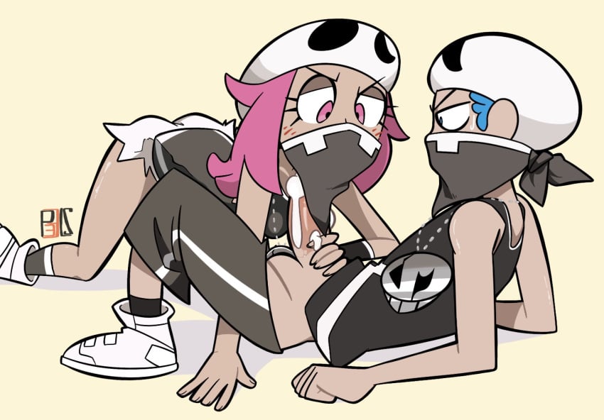 1boy 1girls all_fours ass big_eyes big_penis blue_eyes blue_hair blush breasts clothed cum cum_on_penis erection eyelashes face_mask fellatio_under_mask female female_team_skull_grunt half-closed_eyes handjob hat human joshin long_hair looking_down male mask necklace nintendo penis penis_out pink_eyes pink_hair pokemon pokemon_sm rapp_(pokemon) shirt shoes short_hair shorts simple_background sitting small_breasts socks source_request straight team_skull team_skull_grunt team_skull_grunt_(female) team_skull_grunt_(male) text tupp_(pokemon) veins veiny_penis watermark wet yellow_background