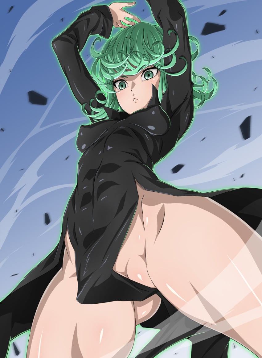 1girls :< abs abs_visible_through_clothing arms_up ass_visible_through_thighs black_dress cameltoe covered_nipples curly_hair dress female flying goridou green_eyes green_hair groin highres long_hair no_panties one-punch_man solo tatsumaki