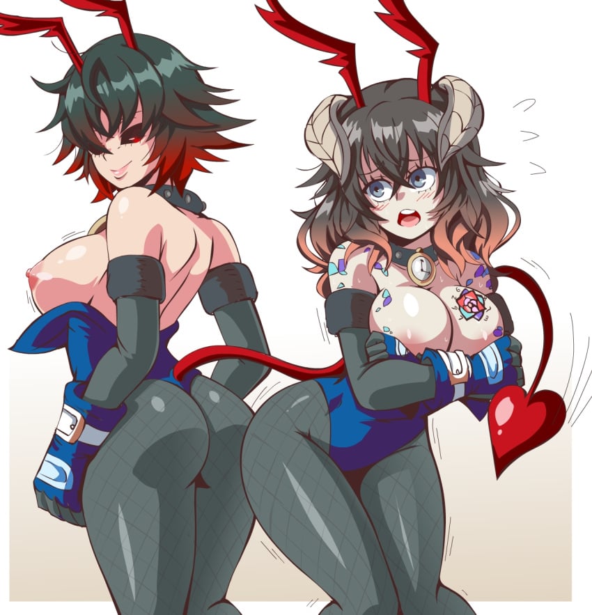 2girls areolae big_breasts black_hair bloodstained:_ritual_of_the_night breasts bunny_girl bunnysuit cleavage clothing curvy demon demon_girl female female_only hair humanoid lewdamone lili_(bloodstained) miriam_(bloodstained) multiple_girls nipples tail two_tone_hair video_games