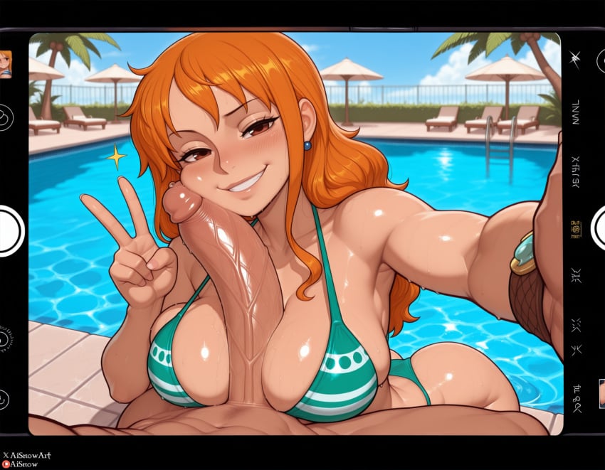 1boy 1girls abs after_fellatio after_oral ai_generated aisnow balls big_breasts big_penis blush breasts female female_focus fit_female huge_breasts huge_cock male mature mature_female muscular muscular_female nami_(one_piece) nipples one_piece orange_hair paizuri penis phone_screen pool poolside pov selfie shiny_skin smile smiling smiling_at_viewer straight summer sweat sweatdrop sweating swimming_pool taking_picture thick_thighs thighs underboob veiny_penis wet