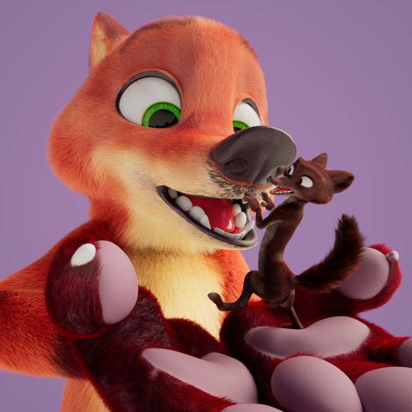 1:1 3d anthro balls brown_fur canid canine disney duke_weaselton duo fox fur green_eyes hi_res male male_only mammal mustela mustelid musteline nick_wilde nude pawpads paws scimunk simple_background size_difference suspension zootopia