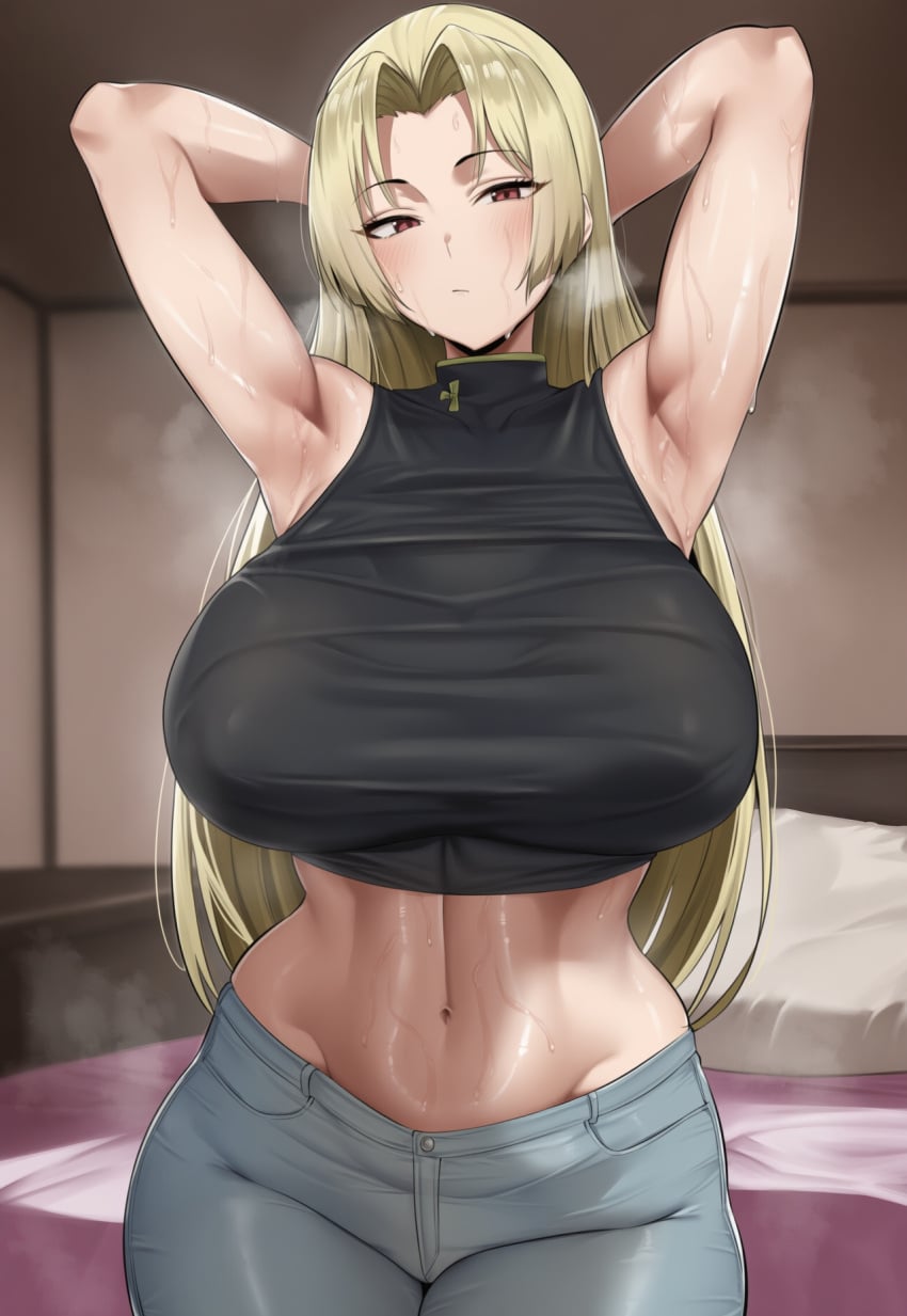 1girls ai_generated arms_behind_head big_breasts blonde_hair eeveai huge_breasts jujutsu_kaisen yuki_tsukumo