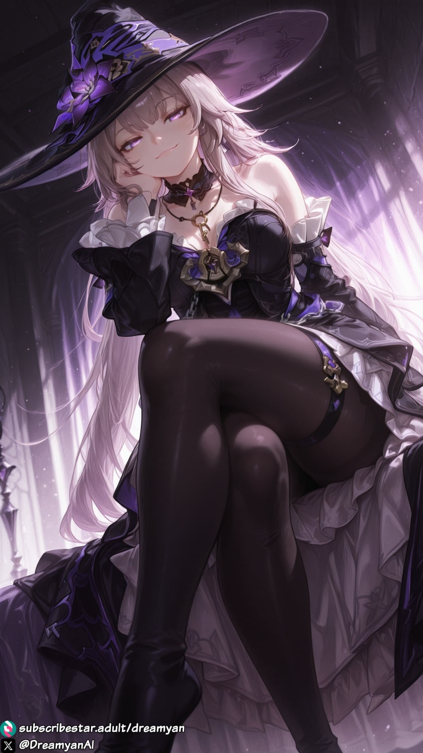 1girls ai_generated barefoot big_breasts breasts crossed_legs curvy curvy_body curvy_female dreamyan_ai feet female female_focus female_only hair herta_(honkai:_star_rail) hi_res high_quality high_resolution highres honkai:_star_rail large_breasts long looking_at_viewer pantyhose purple_eyes seductive seductive_eyes seductive_look seductive_mouth seductive_pose seductive_smile sitting smile smiling solo solo_female solo_focus the_herta_(honkai:_star_rail) thick_ass thick_thighs thighs uncensored witch witch_hat