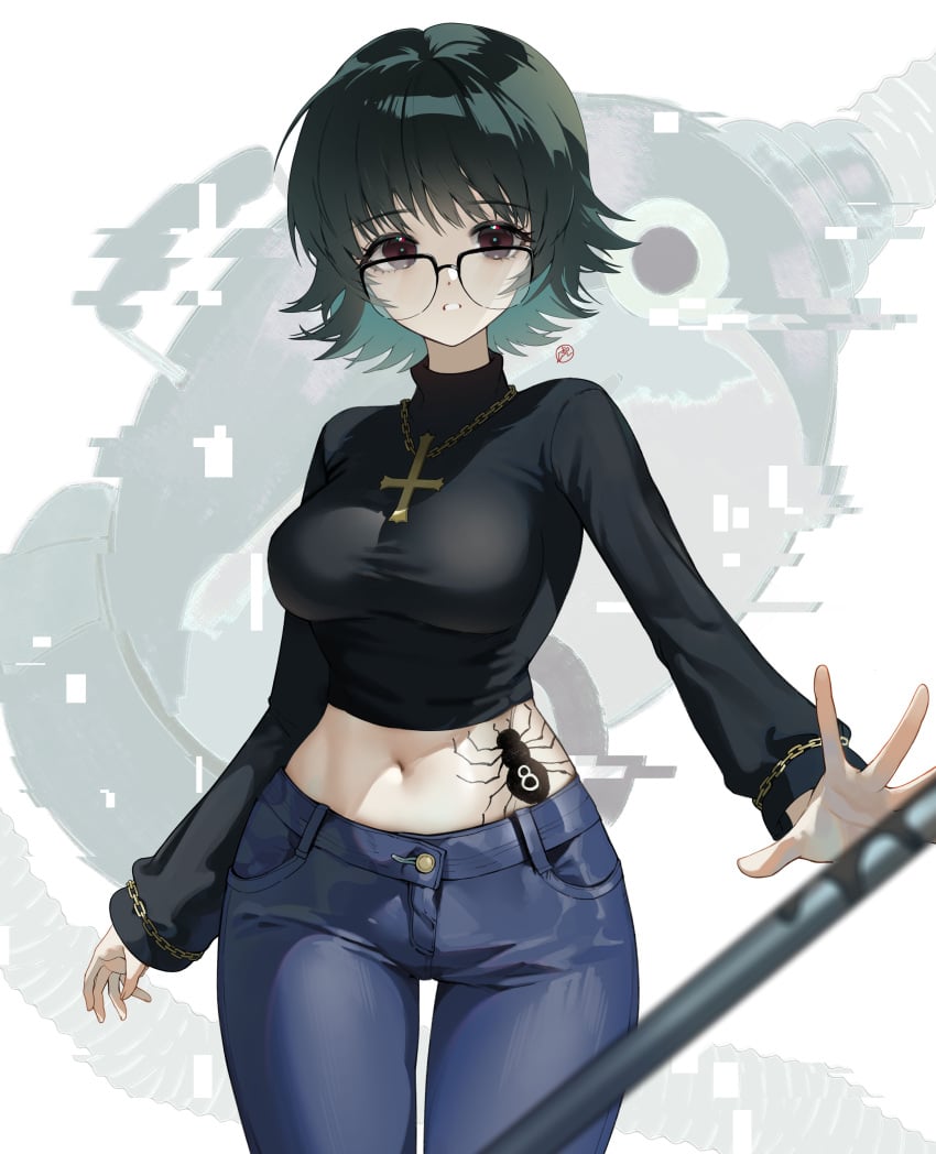 1girl absurdres artist_request big_breasts black-framed_eyewear black_eyes black_hair black_shirt black_sweater black_tattoo blue_jeans blue_pants blush blush_lines blushing breasts chain chain_bracelet chain_bracelets chain_necklace chains commentary commentary_request cowboy_shot crop_top cross cross_necklace denim female glasses green_hair highres hunter_x_hunter inverted_cross jeans jewelry large_breasts long_sleeves looking_at_viewer medium_hair midriff navel necklace pants parted_lips phantom_troupe round_eyewear shirt shizuku_murasaki short_hair simple_background solo spider_tattoo sweater tattoo thick_thighs thighs turtleneck vacuum_cleaner white_background
