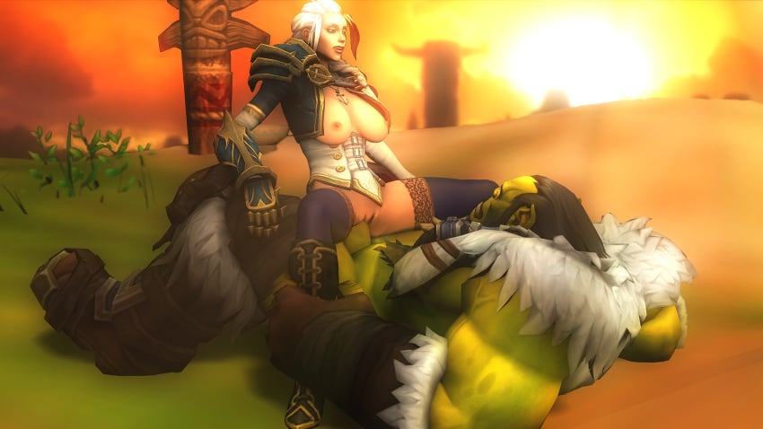 1boy 1girls 3d blonde_hair blue_eyes boots cowgirl_position female green_penis green_skin human human_female jaina_proudmoore light-skinned_female light_skin male male/female orc orc_male partially_clothed size_difference stockings thrall vaginal_penetration white_hair world_of_warcraft zentaeron