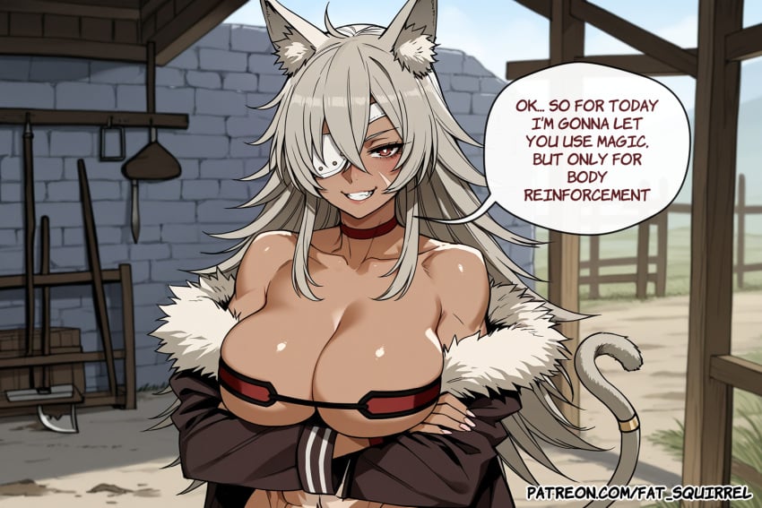 1girl ai_assisted ai_generated cat_tail crossed_arms english_text eyepatch fatest_squirrel fingernails ghislaine_dedoldia grin large_breasts looking_at_viewer mushoku_tensei open_mouth red_eyes scar_on_cheek smug standing