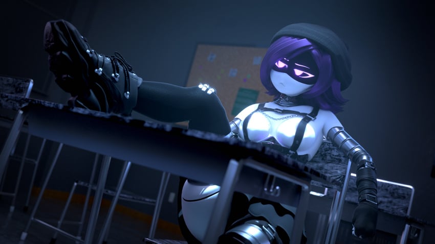 1girl 1girls 3d 3d_(artwork) 3d_model 3d_render 777bronzestar areola areolae belt black_panties black_skirt blender blender_(artwork) blender_(software) blender_cycles breast_press breasts collar drone eyebrows eyelashes female female_focus female_only glitch_productions gloves glowing_eyes hat indoor indoors leg_on_table leg_up legwear looking_at_another medium_breasts murder_drones panties pubic_hair purple_hair robot robot_girl robot_humanoid school schoolgirl screen_face short_hair skirt skirt_lift sneakers solo solo_female solo_focus stockings uzi_(murder_drones) uzi_doorman