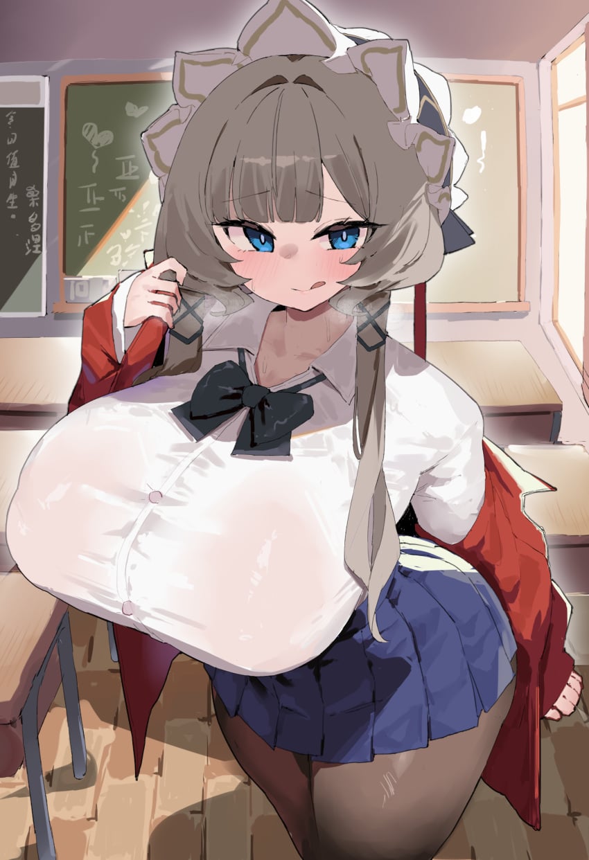 1girl 1girls :q alternate_breast_size_(larger) alternate_costume arm_behind_back black_bow black_bowtie blue_eyes blue_skirt blunt_bangs blush bow bowtie breasts bright_pupils brown_pantyhose buttons chalkboard chinese_commentary chinese_text classroom closed_mouth collared_shirt commentary_request covered_erect_nipples cowboy_shot day desk female female_only genshin_impact grey_hair hair_intakes hair_ornament hand_up headband heavy_breathing highres huge_breasts indoors jacket light-skinned_female long_sleeves looking_at_viewer miniskirt no_bra off_shoulder open_clothes open_jacket pantyhose pleated_skirt raised_eyebrows red_jacket romantic_meow sandrone_(genshin_impact) school_desk school_uniform see-through_clothes see-through_shirt shirt short_hair_with_long_locks sidelocks skirt sleeves_past_wrists solo sweat tally_marks text tongue tongue_out wet wet_clothes wet_shirt white_headband white_pupils white_shirt window wooden_floor x_hair_ornament