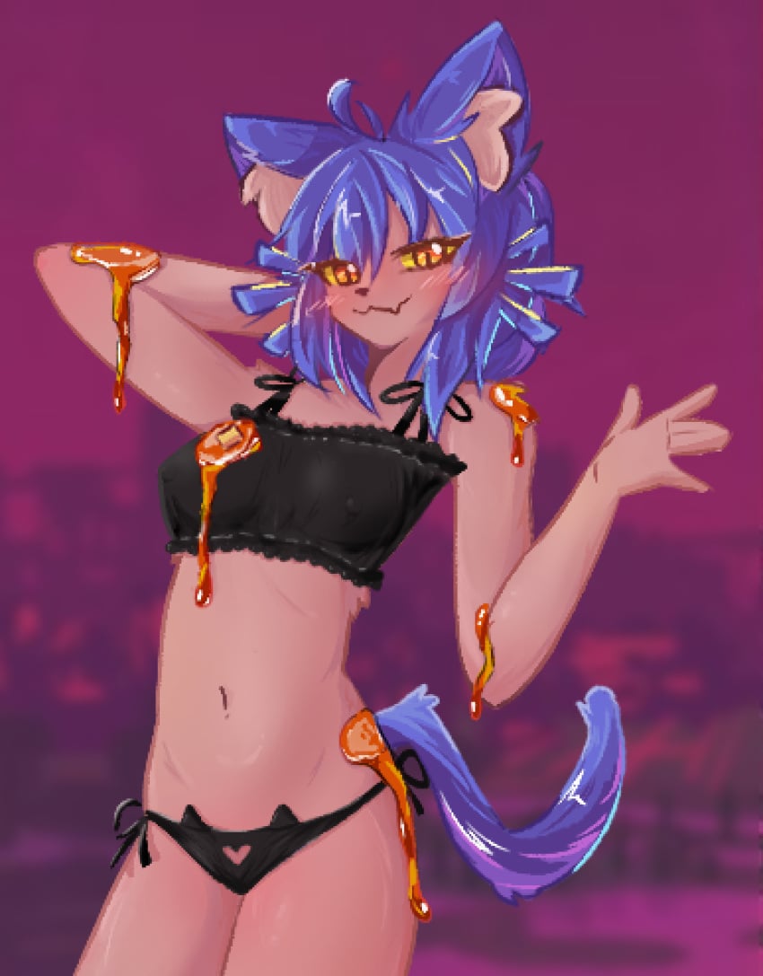 1girl 2d animal_ears anime anime_style arms_up bangs bare_shoulders bikini bikini_bottom bikini_top black_bikini blue_hair blurry_background blush body_drip caramel cat_ears cat_girl cat_tail cel_shading citrus city_background city_lights cleavage colorful_hair cute cyberpunk_background detailed_eyes detailed_hair digital_art digital_painting dripping fang fangs female_focus food food_on_body food_play frilled_bikini fruit full_body game_character glossy_skin glowing_eyes gradient_background hair_between_eyes halterneck hand_behind_head high_contrast honey indoors kemonomimi looking_at_viewer manga_style messy_hair micro_bikini midriff mischievous_expression multicolored_hair navel neon_lights night niko_(oneshot) off_shoulder oneshot open_hand orange orange_eyes orange_slice outdoors pixel_art pixelated playful portrait purple_background purple_hair raised_arm rim_lighting seductive_pose semi_realistic_anime sexy sharp_teeth shiny_hair shiny_skin short_hair side_tie_bikini slim_body slit_pupils small_breasts smirk smug soft_shading solo standing sticky stomach string_bikini stylized suggestive syrup tail teasing_pose thighs underboob vertical_image vibrant_colors warm_lighting waving wet wide_hips yellow_eyes