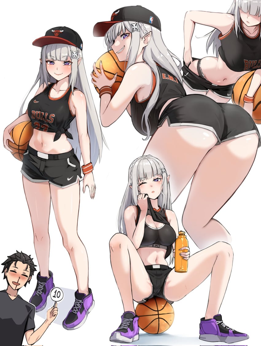 1boy 1girls ass ass_focus basketball_uniform belly black_panties elf elf_ears elf_female emilia_(re:zero) lifting_shirt multiple_views natsuki_subaru posing purple_eyes re:zero_kara_hajimeru_isekai_seikatsu shorts silver_hair sports_bra spread_legs thighs white_background zerobarto