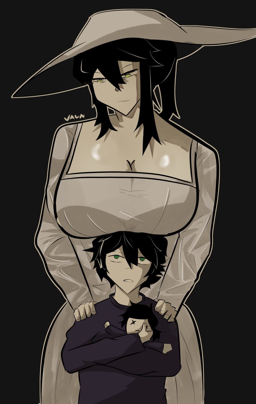 1boy1girl 2d age_difference alcina_dimitrescu_(cosplay) andrew_graves big_boobs big_breasts big_tits black_hair busty cosplay digital_drawing_(artwork) dress green_eyes hands_on_shoulders height_difference hi_res incest incestuous looking_down looking_up looking_up_at_partner milf mother mother_and_son older_female older_female_and_younger_male renee_graves resident_evil resident_evil_8:_village tall_female taller_female the_coffin_of_andy_and_leyley video_game_character voluptuous younger_male