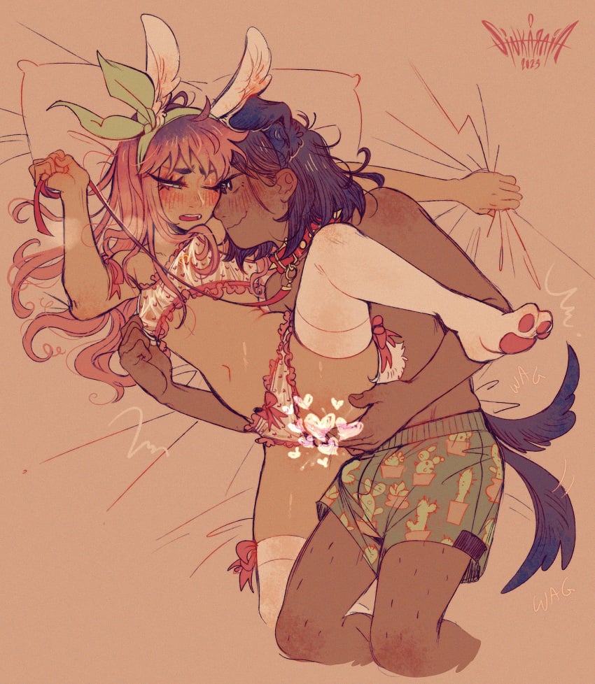 1boy 1girl 2023 alternate_costume alternate_hair_color analogous_colors animal_ear_hairband animal_ears artist_name aubrey_(faraway)_(omori) aubrey_(omori) bare_arms bare_legs bare_shoulders bed_sheet black_hair blush bow bow_hairband bow_legwear bow_panties boxers bra breasts bright_pupils brown_background bulge cactus_print censored closed_mouth clothing_aside collar commentary cropped_legs dark-skinned_male dark_skin dog_boy dog_ears dog_tail english_commentary english_text erection erection_under_clothes eye_contact eyes_visible_through_hair fake_animal_ears fake_tail fang film_grain fingering fingering_from_behind fingernails frilled_bra frilled_panties frills green_eyes green_hairband green_male_underwear hair_over_shoulder hairband hand_up head_on_pillow heart heart_censor heart_print hetero heterochromia highres holding holding_leash interracial kel_(faraway)_(omori) kel_(omori) kemonomimi_mode knee_up leash leg_hair long_hair looking_at_another lying male male_underwear medium_hair multicolored_hair navel no_sclera no_shoes nostrils omori on_bed on_side open_mouth panties panties_aside paw_print pillow pink_bow pink_hair pussy pussy_juice rabbit_ear_hairband rabbit_ears rabbit_tail raised_inner_eyebrows red_collar roots_(hair) sidelocks simple_background sintastein skindentation small_breasts smile sound_effects spiked_collar spikes stomach tail tail_bow tail_ornament tail_through_clothes tail_wagging teeth thighhighs topless_male turning_head two-tone_hair underwear underwear_only upper_teeth_only vaginal wavy_mouth white_bra white_panties white_pupils white_tail white_thighhighs