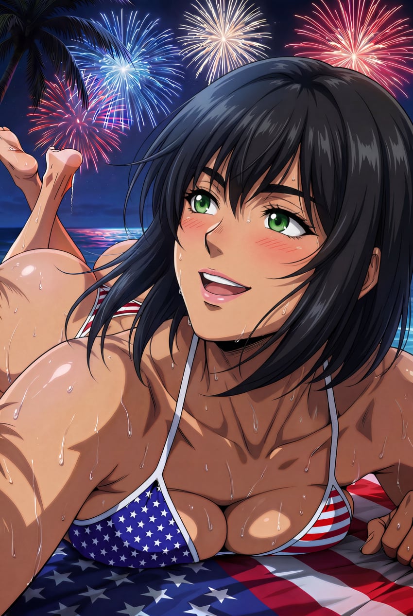 1girls 4th_of_july ai_generated america american american_female american_flag_bikini bangs beach bikini black_hair breasts_pressed_against_floor celebrating celebration female female_focus fireworks fourth_of_july green_eyes hair_over_one_eye hi_res high_quality high_resolution hires lying_down lying_on_ground lying_on_stomach ocean one_eye_covered original original_character tagme towel united_states united_states_of_america very_high_resolution water wet wet_body