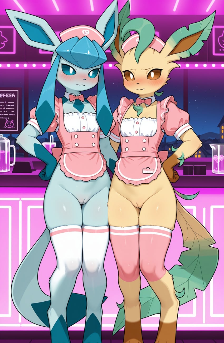 2026 2girls ai_generated annoyed annoyed_expression anthro apron bar_(place) blue_eyes blue_fur blushing bottomless bottomless_female brown_eyes brown_fur digitigrade duo eeveelution embarrassed female female_only flat_chest generation_4_pokemon glaceon hand_on_hip hi_res indoors innie_pussy leafeon night nintendo pokemon pokemon_(species) pose posing pussy siblings sisters thighhighs waitress waitress_uniform zonoya_(artist)