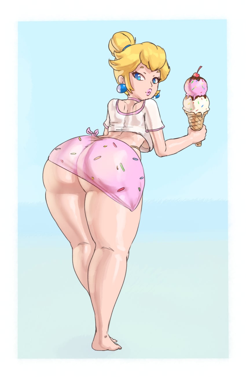 1girls ass ass_cleavage ass_crack ass_focus barefoot big_ass bikini blonde_hair blue_eyes bubble_butt butt_cleavage butt_crack choker crop_top curvy curvy_figure earrings female food from_behind hair_bun huge_ass ice_cream lickagoat looking_back mario_(series) micro_bikini plump_lips presenting presenting_ass princess_peach puckered_lips seductive solo sprinkles standing summer teasing thick_thighs voluptuous voluptuous_female white_topwear wide_hips