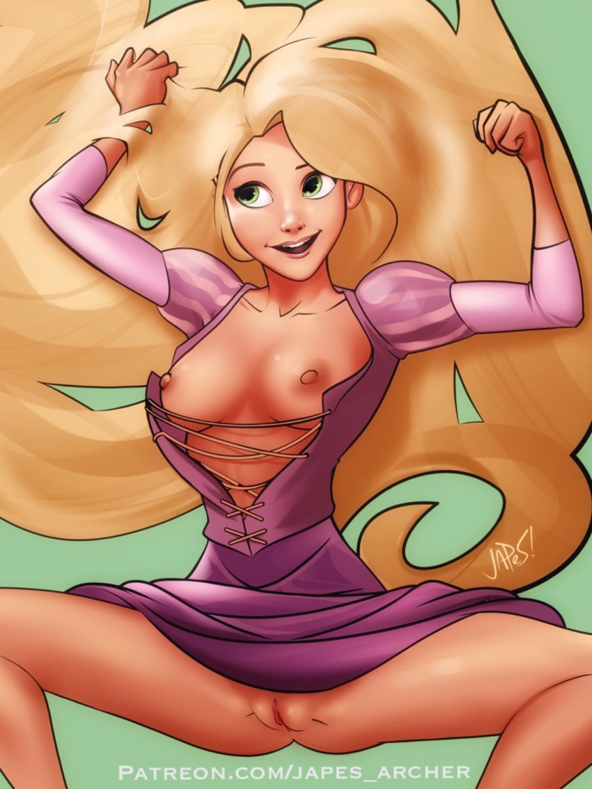 1girls areolae blonde_hair breasts clothing disney disney_princess dress exposed_breasts exposed_pussy female female_only green_eyes hair japes long_hair medium_breasts nipples princess pussy rapunzel solo tangled