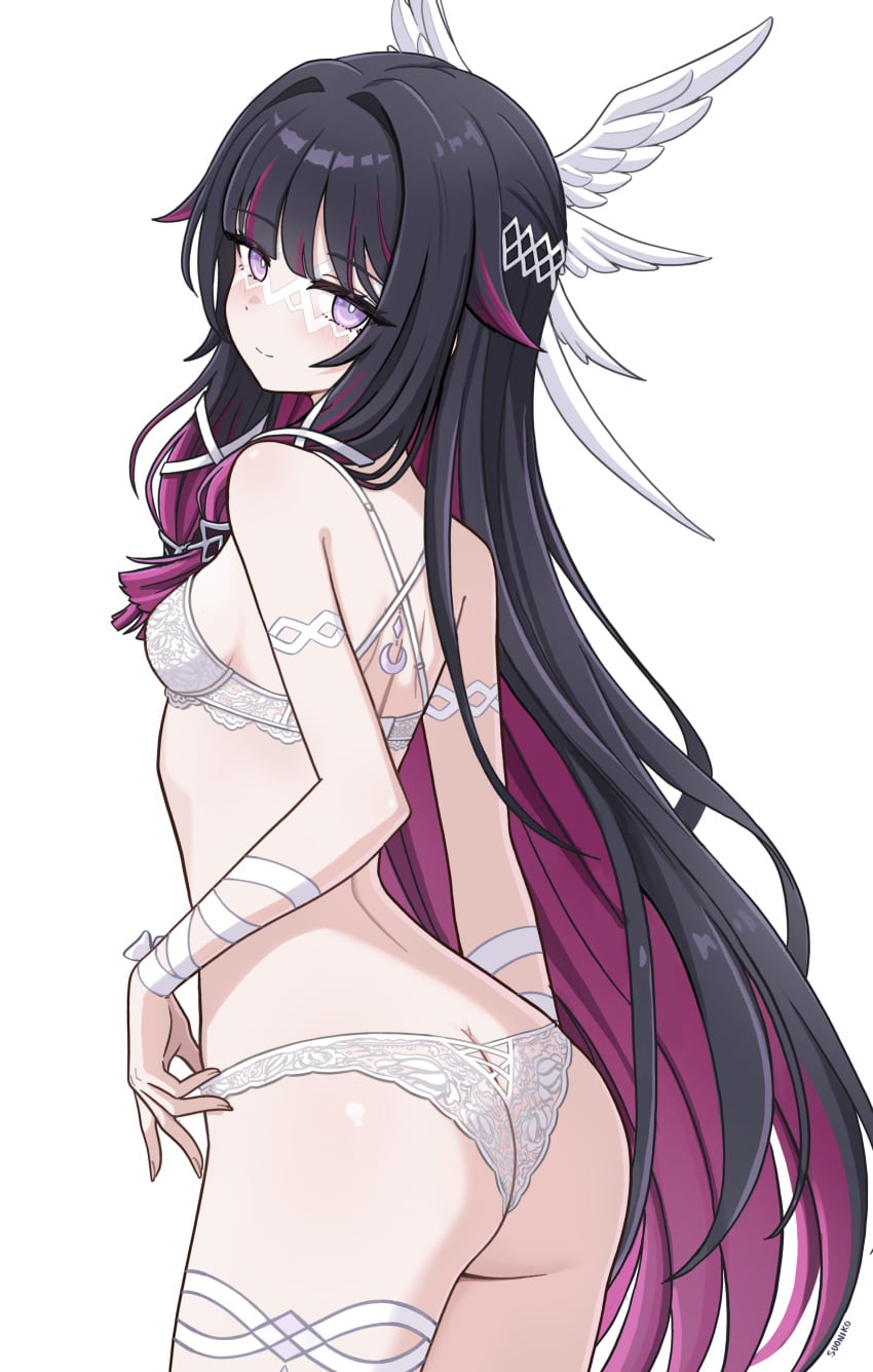 1girl absurdres ass black_hair blush bra breasts colored_inner_hair columbina_(genshin_impact) commentary cowboy_shot eye_mask from_behind genshin_impact head_wings highres lace lace_panties long_hair looking_at_viewer mask multicolored_hair panties purple_eyes purple_hair simple_background small_breasts smile solo suoniko underwear underwear_only unusually_open_eyes white_background white_bra white_panties white_wings wings