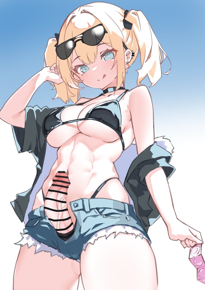 1girl abs absurdres bar_censor bikini black_bikini black_choker black_shirt blonde_hair blue_background blue_eyes breasts censored chinmeritto choker closed_mouth commentary_request condom condom_packet_strip condom_wrapper cowboy_shot denim denim_shorts ear_piercing erection eyewear_on_head futanari gradient_background hand_up highleg highleg_bikini highres holding holding_condom large_breasts licking_lips looking_at_viewer navel navel_piercing open_fly original penis penis_out piercing shirt shirt_partially_removed short_hair short_shorts shorts smile solo stomach sunglasses swimsuit toned toned_female tongue tongue_out twintails veins veiny_penis