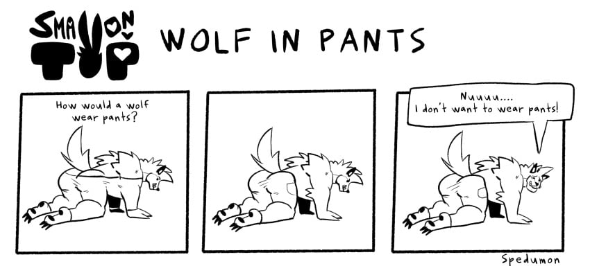 1boy all_fours anthro back_view butt comic dialogue english_text fur furry furry_only gay looking_at_viewer male male_only meme muscular pants partially_clothed sad solo solo_focus spedumon text wolf wulfrick