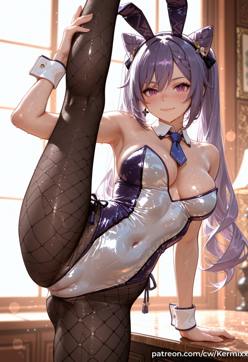 1girl ai_generated animal_ears armpits bangs bare_shoulders black_pantyhose blush braid breasts brown_pantyhose cleavage closed_mouth cone_hair_bun covered_navel detached_collar double_bun fake_animal_ears fishnet_pantyhose fishnets genshin_impact hair_bun hair_ornament highleg highleg_leotard indoors keqing_(genshin_impact) kermixx leg_up leotard long_hair looking_at_viewer medium_breasts necktie pantyhose playboy_bunny purple_eyes purple_hair rabbit_ears smile solo split standing standing_on_one_leg standing_split sweat thighs twintails wrist_cuffs