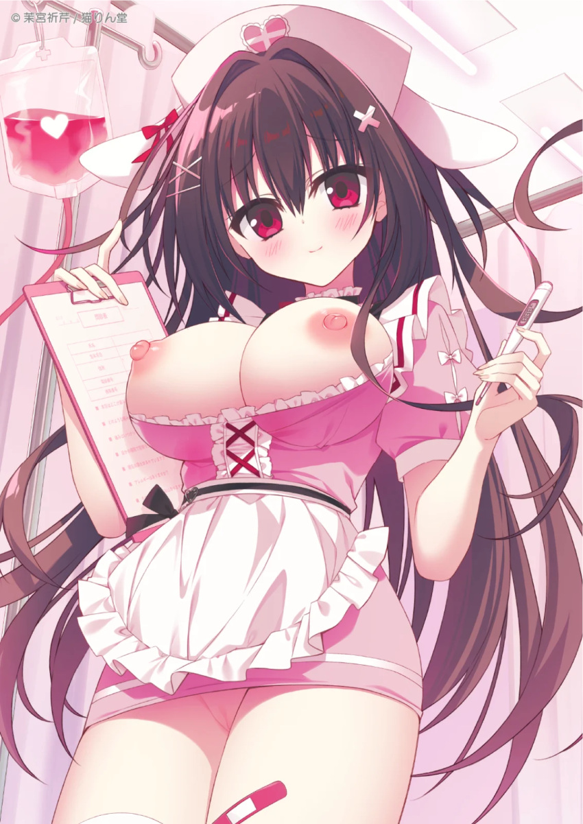 1girl :o apron bandaid bandaid_on_leg black_hair blush breasts breasts_out cameltoe ceiling clipboard closed_mouth curtains dress hair_between_eyes hair_ornament hairclip hat highres holding holding_clipboard holding_thermometer indoors infirmary intravenous_drip large_breasts long_hair maid_apron matsumiya_kiseri nipples no_panties nurse nurse_cap open_mouth original pink_dress pussy red_eyes sidelocks smile solo standing thermometer thighhighs uncensored very_long_hair white_apron white_thighhighs x_hair_ornament