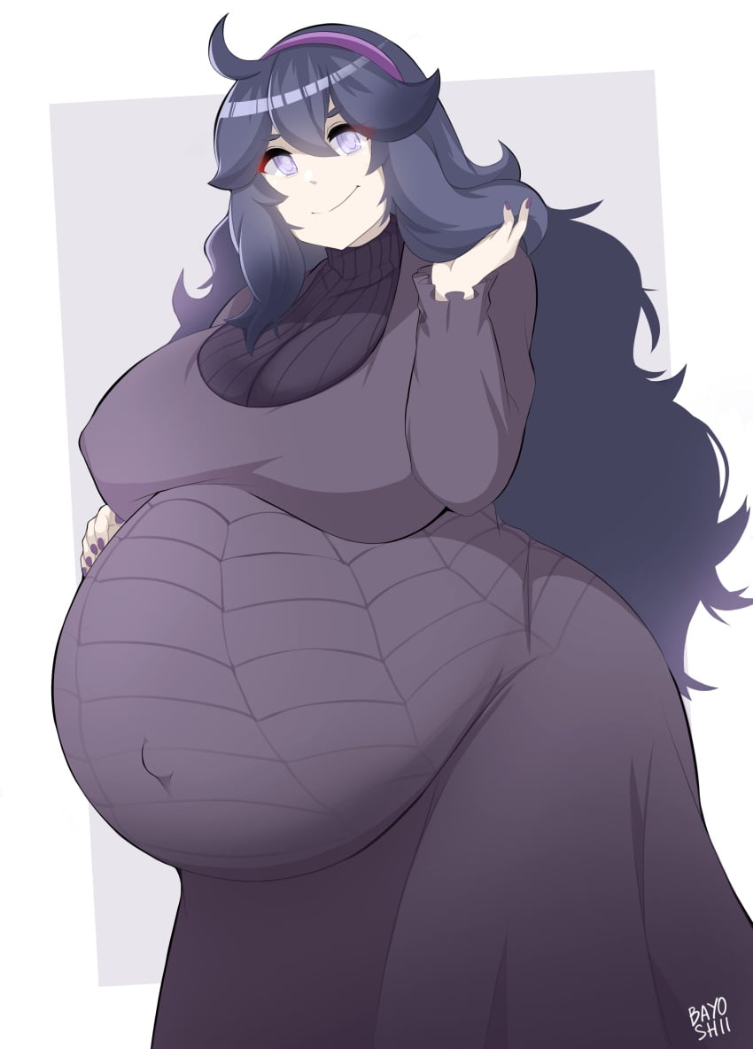 1girl absurdres ahoge bayoshii big_belly breasts covered_navel dress female_focus hairband hex_maniac hex_maniac_(pokemon) hex_maniac_(pokemon_xy) highres huge_breasts long_hair looking_at_viewer matching_hair/eyes nail_polish nails_painted nintendo pokemon pokemon_x_and_y pregnant purple_dress purple_eyes purple_hair simple_background solo super_belly