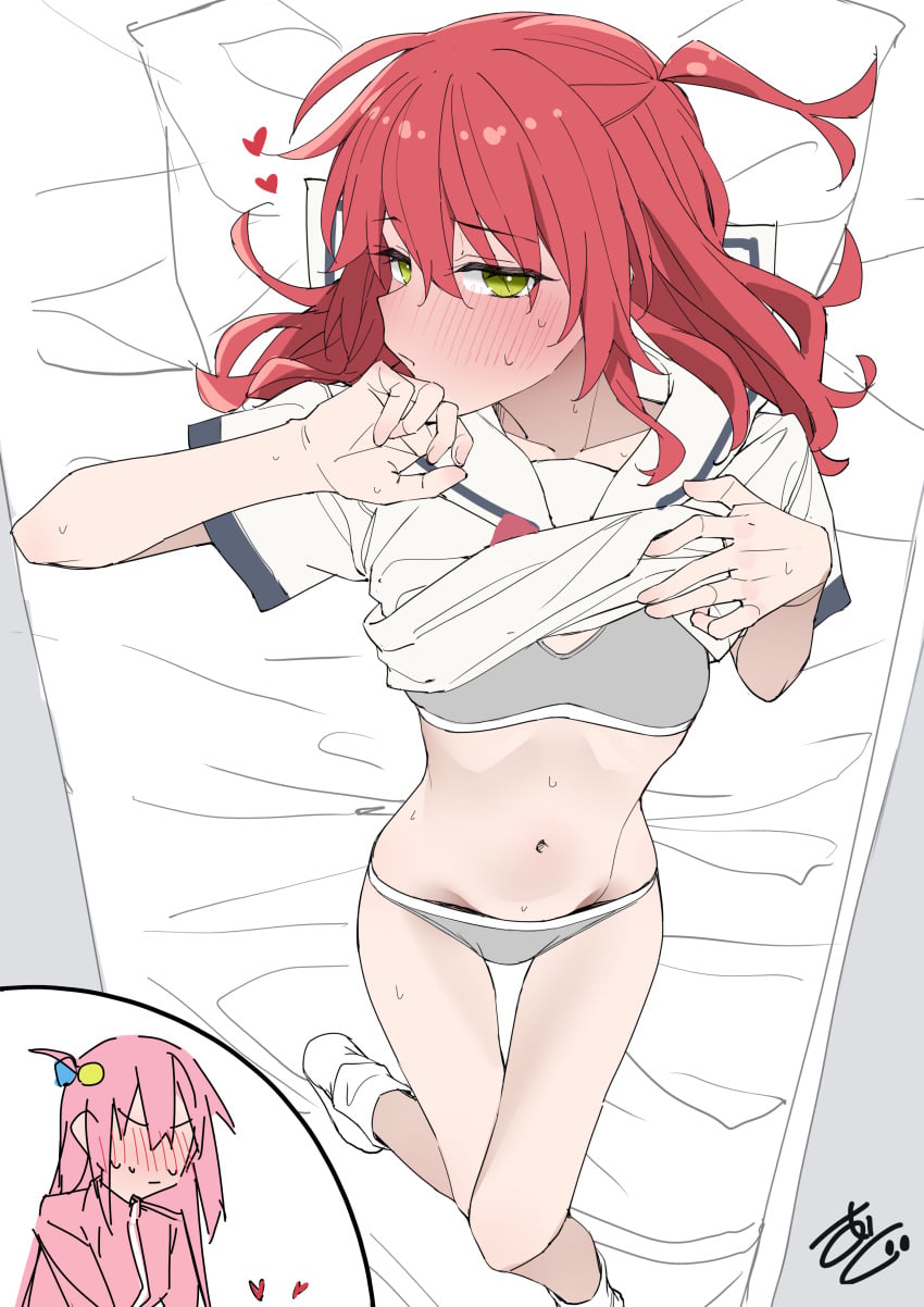 1girls artist_request belly belly_button belly_cutout belly_fetish belly_outline blush blushing bocchi_the_rock! calvin_klein_underwear female female_only from_above from_above_view gotou_hitori green_eyes grey_underwear hands heavy_blush heavy_blushing hips hips_outline imminent_sex imminent_yuri kita_ikuyo knees legs looking_at_viewer lying lying_on_back lying_on_bed midriff midriff_cutout midriff_exposed midriff_focus midriff_showing navel navel_cutout navel_fetish navel_line navel_outline on_bed panties_down perfect_belly red_hair ribcage ribs seducing seduction seductive seductive_body seductive_gaze seductive_look seductive_pose sexy_body sexy_female sexy_hips shirt_lift shirt_up short_hair suggestive suggestive_look suggestive_pose sweat sweatdrop teen teen_girl teenage teenage_female teenage_girl teenager thighs thin thin_female thin_thighs thin_waist top_view tummy underwear