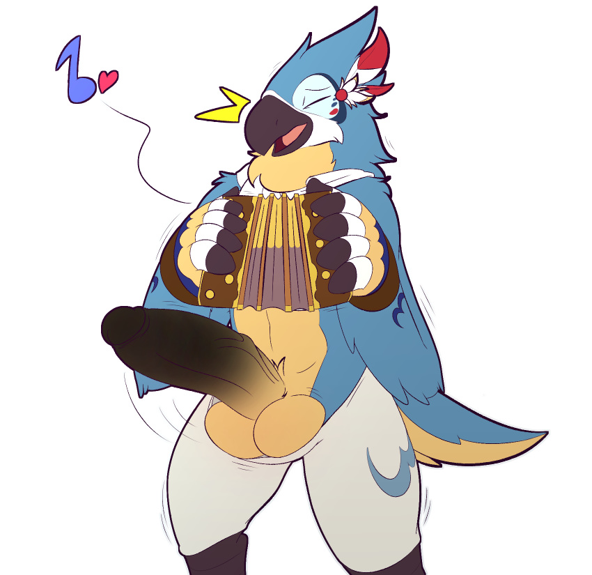 accordion alpha_channel anthro avian balls big_penis bird blue_feathers breath_of_the_wild clothed clothing feathers heart hi_res kass_(zelda) lightningfire12 male male_only musical_instrument musical_note nintendo penis rito solo the_legend_of_zelda vein video_games