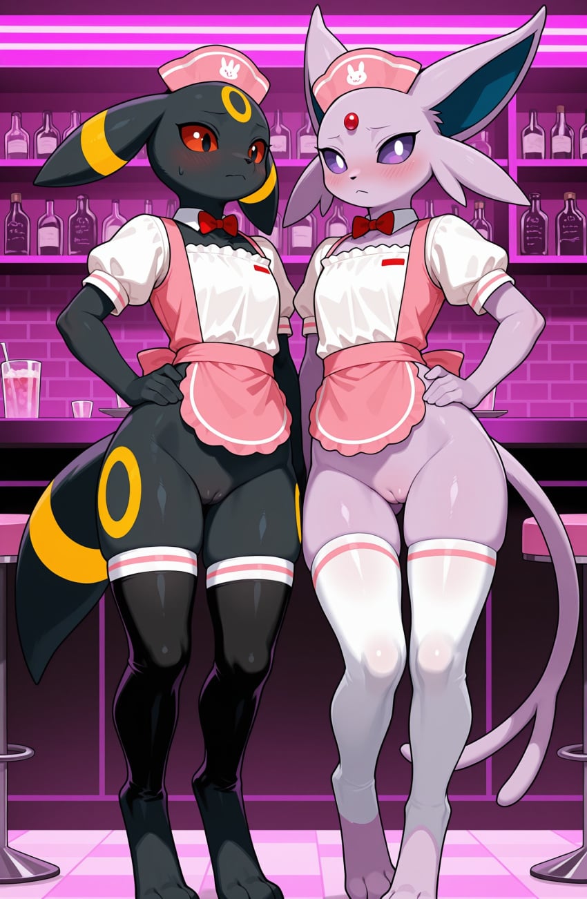 2026 2girls ai_generated anthro apron bar_(place) black_fur blushing bottomless bottomless_female bow_ribbon curvy_female curvy_figure digitigrade duo ears_down eeveelution espeon female female_only flat_chest generation_2_pokemon hand_on_hip hi_res indoors innie_pussy nervous nintendo pokemon pokemon_(species) pose posing purple_eyes pussy red_eyes shy siblings sisters sweatdrop thighhighs umbreon waitress waitress_uniform yellow_markings zonoya_(artist)