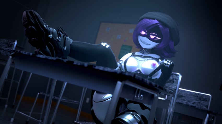 1girl 1girls 3d 3d_(artwork) 3d_model 3d_render 777bronzestar areola areolae belt black_panties black_skirt blender blender_(artwork) blender_(software) blender_cycles breast_press breasts collar drone erect_nipple erect_nipples eyebrows eyelashes female female_focus glitch_productions gloves glowing_eyes hat indoor indoors leg_on_table leg_up legwear looking_at_another medium_breasts murder_drones nipples panties pubic_hair purple_hair pussy pussy_lips robot robot_girl robot_humanoid school schoolgirl screen_face short_hair skirt skirt_lift sneakers solo solo_female solo_focus stockings uzi_(murder_drones) uzi_doorman