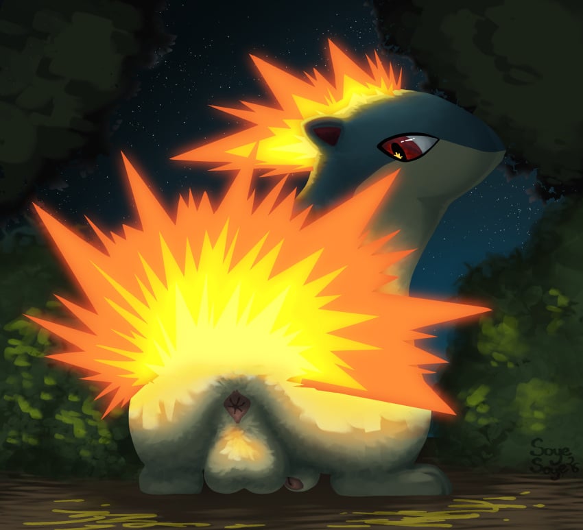 2026 anus balls blue_body blue_ears butt colored countershading crouching detailed_background digital_media_(artwork) digital_painting_(artwork) feral fire flaccid floor fluffy foreskin generation_2_pokemon genitals glans glistening glistening_eyes hi_res lineless looking_back low-angle_view male night nintendo nude nude_male outside painting_(artwork) penis pink_anus pink_glans plant pokemon pokemon_(species) presenting presenting_anus presenting_balls presenting_hindquarters pupils quilava realistic rear_view red_eyes red_inner_ear shaded shrub sitting sky slit_pupils solo solo_feral soyesoye star starry_sky tan_balls tan_body tan_countershading tree urethra white_sclera
