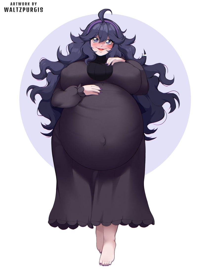 1girl ahoge artist_request barefoot big_belly blush breasts covered_erect_nipples covered_navel dress female_focus full_body goth goth_girl hex_maniac hex_maniac_(pokemon) hex_maniac_(pokemon_xy) highres huge_breasts hyper_pregnancy matching_hair/eyes nail_polish nintendo pokemon pokemon_x_and_y pregnancy pregnant pregnant_belly pregnant_female purple_eyes purple_hair solo toenail_polish toenails waltzpurgis