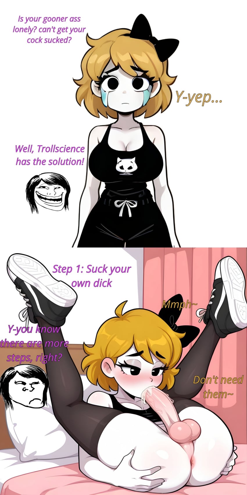 1futa 1girl1futa ai_assisted autofellatio black_bowtie black_hair blonde_hair bowtie cock cock_worship cum cum_in_mouth cum_in_own_mouth cum_inside derpina dialogue drinking_cum egirl fellatio futanari goth goth_girl legs legs_up looking_at_own_penis looking_at_penis masturbation meme oral_masturbation penis rage_comics self_sucking selfsuck selfsucking solo sucking_own_penis sucking_penis text troll trollface