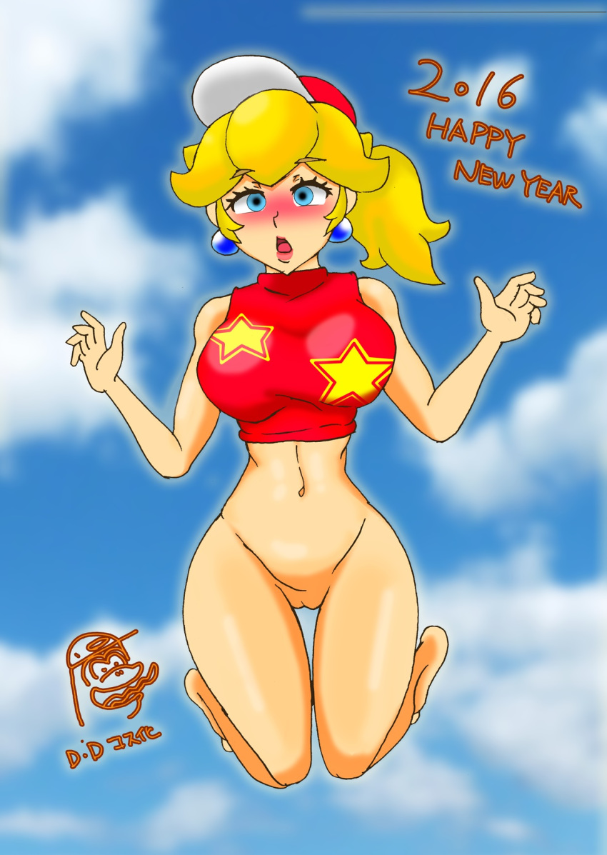 1girls blonde_hair blue_eyes bottomless breasts clothing cosplay crossover diddy_kong diddy_kong_racing donkey_kong_(series) donkey_kong_country female female_only full_body hat mario_(series) new_year nintendo outdoors ponytail princess_peach pussy retche shirt sky solo tied_hair