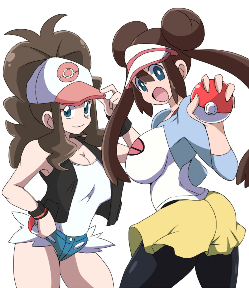 2girls ass breasts brown_hair cleavage clothed hilda_(pokemon) pantyhose pokemon pokemon_bw pokemon_bw2 rosa_(pokemon) shirakai white_background yuri