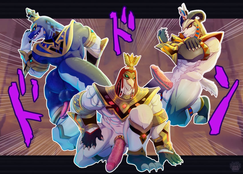 accessory anthro avian bird bovid caprine cock_ring crocodile crocodilian egyptian_mythology genitals genshin_impact goat group heryshaf_(genshin_impact) hi_res humanoid_genitalia humanoid_penis ibis jewelry jojo_pose koyo_draka male mammal middle_eastern_mythology mihoyo muscular muscular_male mythology pelecaniform penis penis_accessory penis_jewelry pillar_men_pose reptile scalie sobek_(genshin_impact) thoth_(genshin_impact) threskiornithid trio