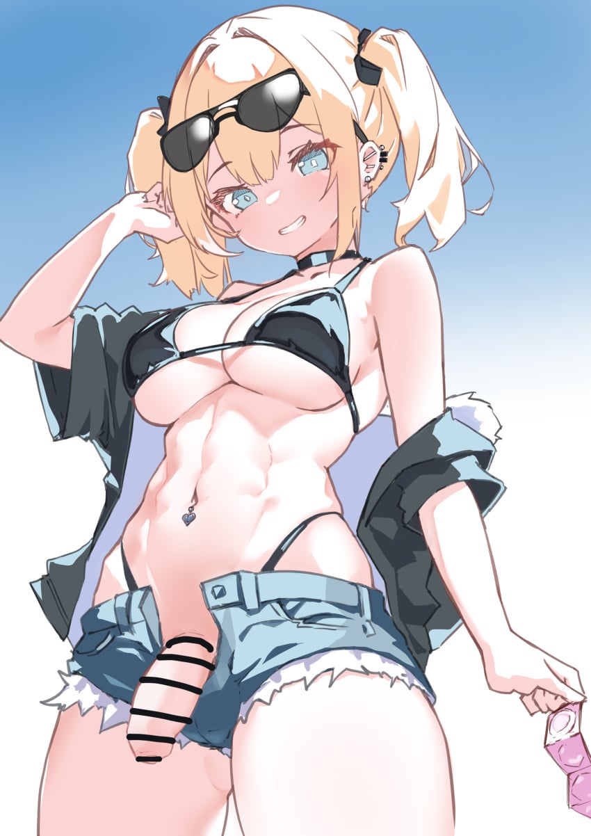 1girl abs absurdres bar_censor bikini black_bikini black_choker black_shirt blonde_hair blue_background blue_eyes breasts censored chinmeritto choker commentary_request condom condom_packet_strip condom_wrapper cowboy_shot denim denim_shorts ear_piercing eyewear_on_head flaccid foreskin futanari gradient_background grin hand_up highleg highleg_bikini highres holding holding_condom large_breasts looking_at_viewer navel navel_piercing open_fly original penis penis_out piercing shirt shirt_partially_removed short_hair short_shorts shorts smile solo stomach sunglasses swimsuit toned toned_female twintails