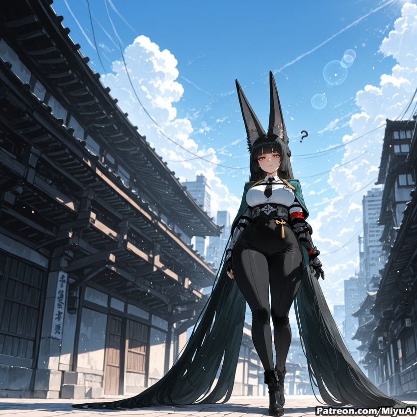 1girl ? absurdly_long_hair ai_assisted ai_generated animal_ears bangs black_footwear black_gloves black_hair blue_sky blunt_bangs boots breasts building cloud curvaceous curvy curvy_female curvy_figure day female from_below full_body gloves high_heels hoshimi_miyabi large_breasts long_hair looking_at_viewer miyuai outdoors pants red_eyes sky smile solo standing thick thick_ass thick_butt thick_hips thick_legs thick_thighs very_long_hair voluptuous voluptuous_female wide_hips wide_thighs zenless_zone_zero