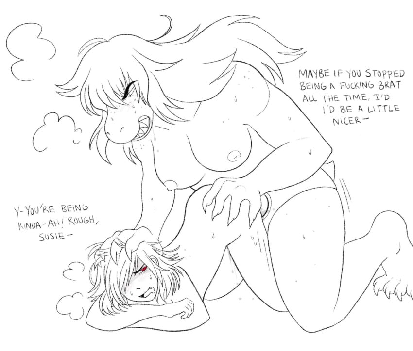ambiguous_penetration anthro anthro_penetrating anthro_penetrating_human ass_up bangs blissful_mouth bodily_fluids breath claws deltarune dialogue dripping duo english_text eyebrow_through_hair eyebrows female female/female female_penetrated female_penetrating female_penetrating_female finger_claws from_behind_position genital_fluids hair hair_over_eye head_grab hi_res hip_grab human human_on_anthro human_penetrated interspecies kris_(deltarune) kris_dreemurr kris_female_(deltarune) leapfrog_position line_art long_bangs long_hair looking_at_another looking_at_partner looking_back looking_back_at_another looking_back_at_partner looking_down looking_down_at_partner mammal messy_hair moan motion_lines one_fang open_mouth pegging penetration profanity red_eyes reptile rough_sex saliva saliva_string scalie sex sex_toy sharp_teeth short_tail size_difference spicychoccy strapon strapon_sex stuttering susie_(deltarune) sweat sweaty_arms sweaty_back sweaty_face sweaty_legs sweaty_thighs swept_bangs tail teeth teeth_showing text toe_claws toying_partner translucent translucent_hair undertale_(series) vaginal_fluid_drip vaginal_fluids vaginal_fluids_on_ground