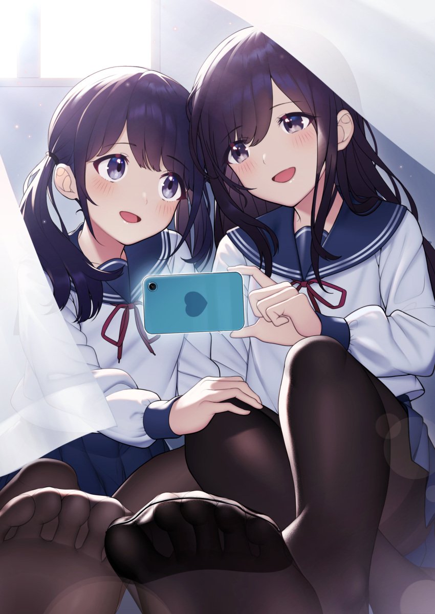 black_pantyhose black_tights camera claws feet feet_focus feet_together foot_fetish foot_focus footwear light nails pantyhose phone purple_eyes purple_hair sailor_dress sailor_uniform school_girl school_uniform schoolgirl schoolgirl_uniform smartphone tights window