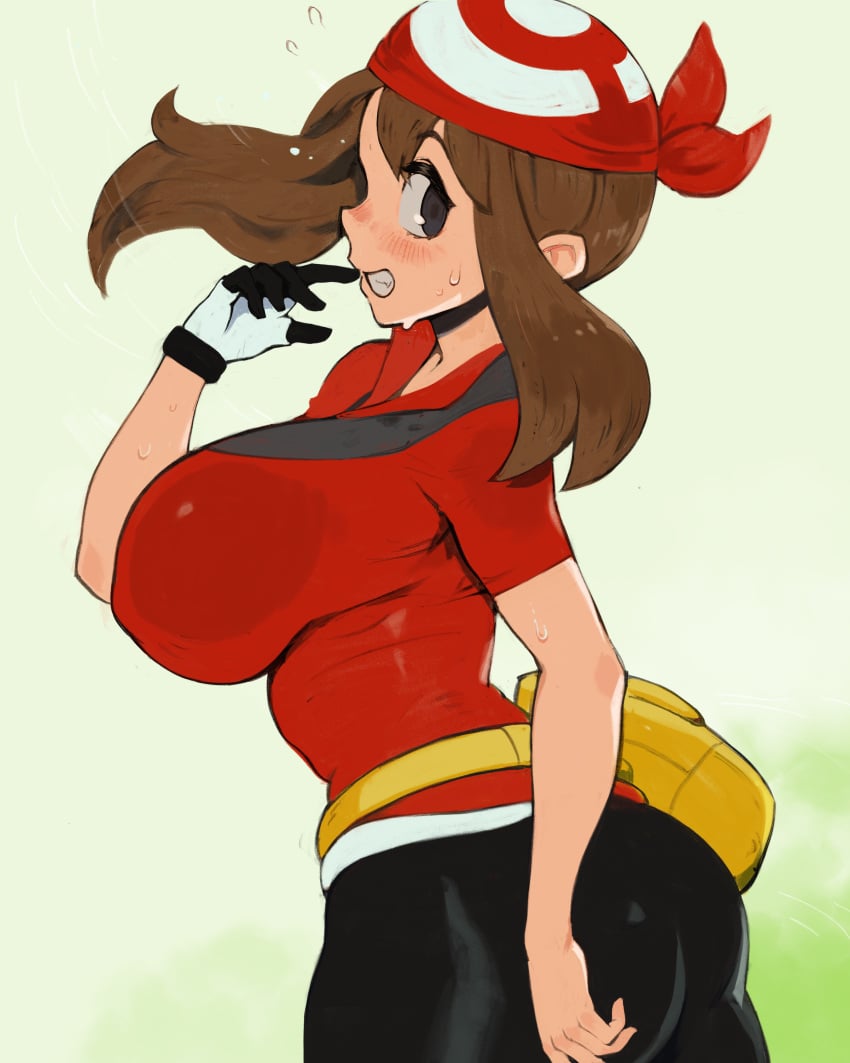 1girl 1girls absurdres alternate_breast_size ass bandana big_ass big_breasts bike_shorts black_gloves black_shorts blush breasts brown_hair casual_nudity covered_nipples fanny_pack female female_only game_freak gloves grey_eyes grin hibaneim highres large_breasts may_(pokemon) may_(pokemon_oras) medium_hair nintendo nipples_visible_through_clothing no_bra pokemon pokemon_oras pokemon_rse red_bandana sagging_breasts shorts single_glove smile solo sweat