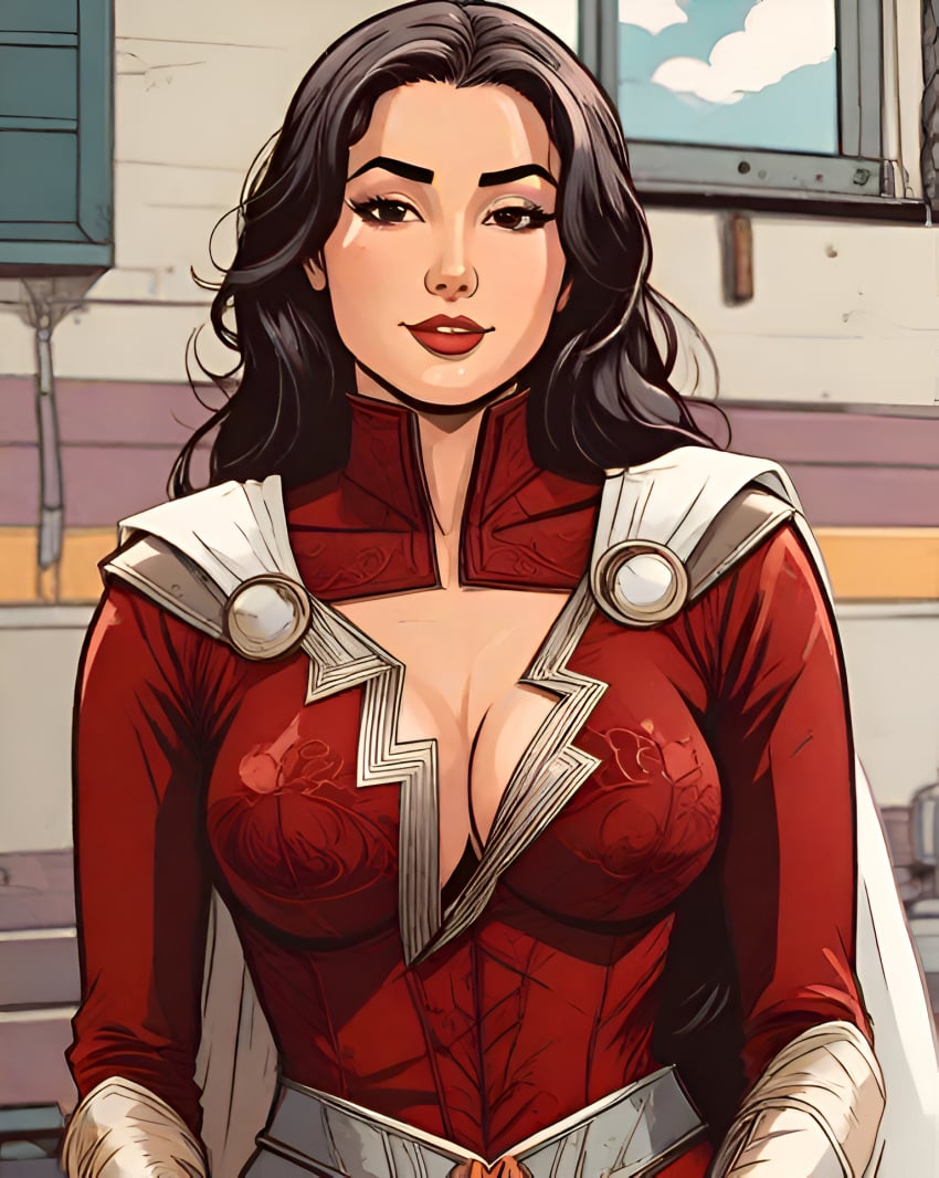 1girls ai_generated armor big_breasts blush breasts brown_eyes brown_hair cleavage_cutout grace_caroline_currey grace_fulton heart heroine love mary_batson mary_bromfield mary_marvel open_clothes open_eyes open_mouth open_shirt red_shirt shazam_(series) superhero superheroine topless topless_female topwear