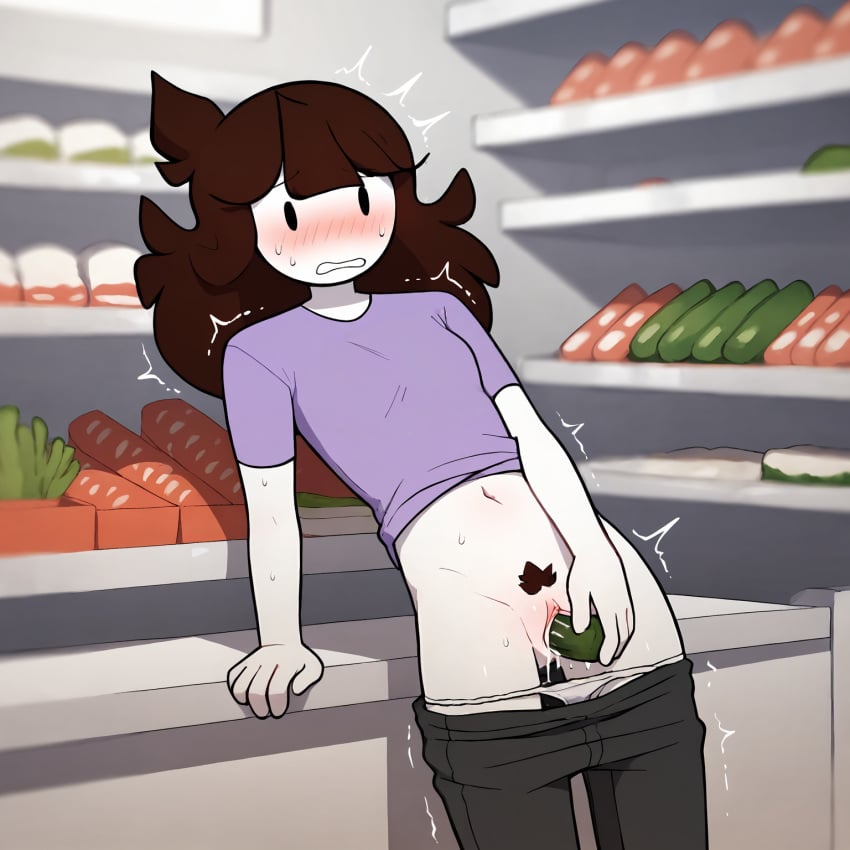 1girls ai_generated belly belly_button blush brown_hair caught caught_masturbating clothed cucumber embarrassed female female_masturbation female_only food food_insertion food_play gray_pants grocery_store human insertion jaiden jaiden_animations jaidenanimations leaning_back long_hair looking_at_viewer masturbation navel panties_down pants_down petite pubic_hair public public_masturbation purple_shirt pussy pussy_juice shaking shirt_up shocked small_breasts surprised sweat vaginal_penetration vegetable vegetable_dildo youtube youtuber