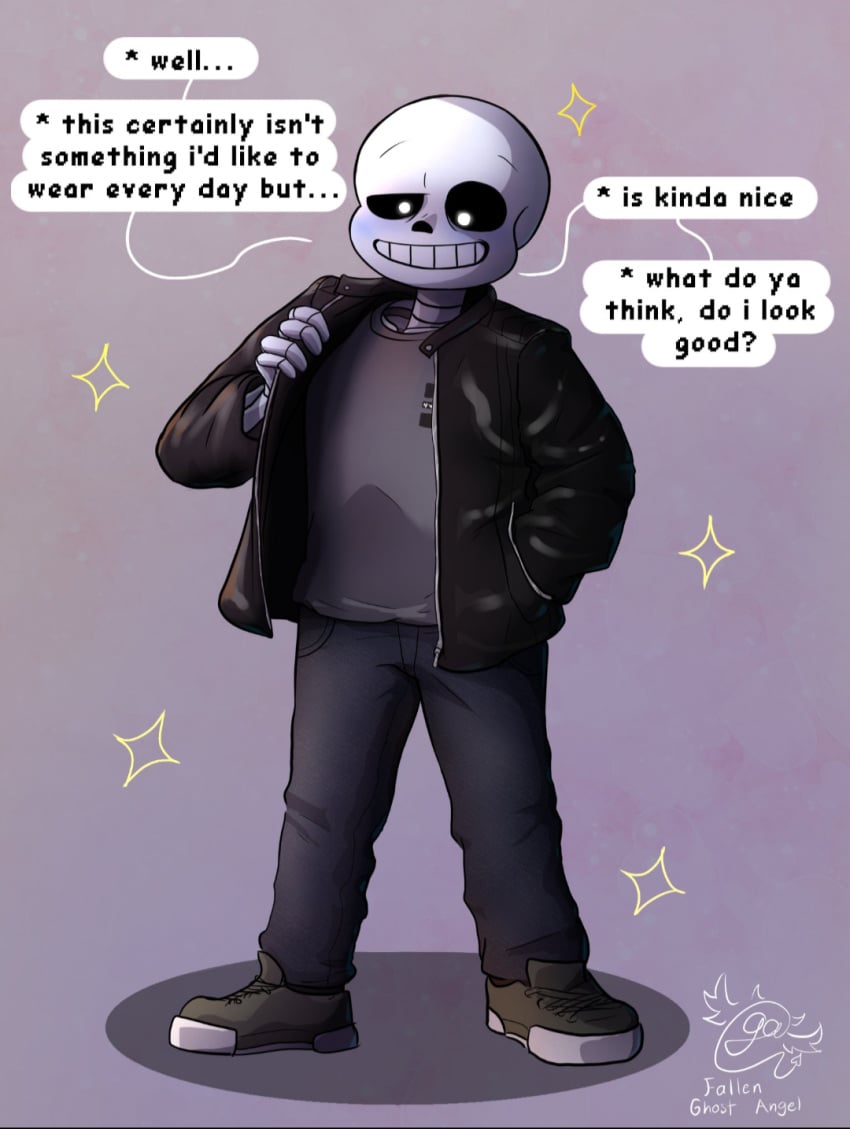 blush dialogue fallen_ghost_angel_(artist) sans trying_on_clothes undertale