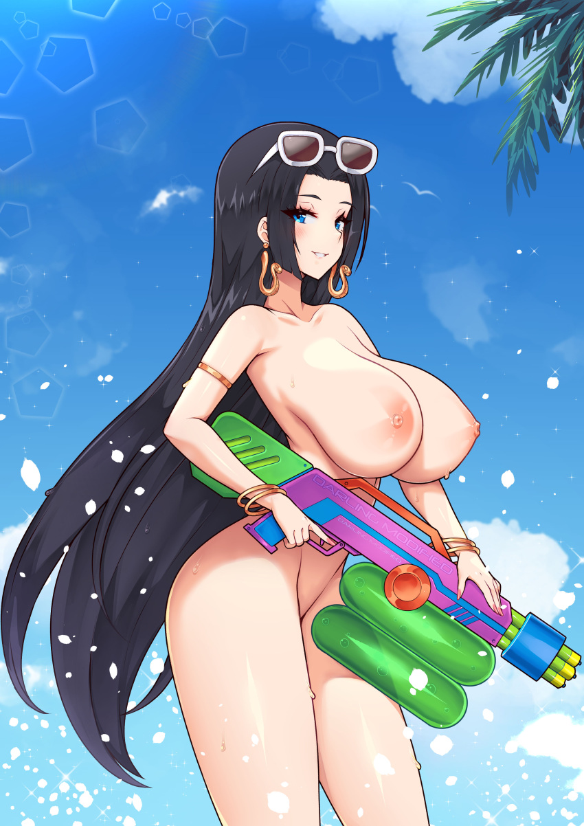 1girls anime bare_breasts beach black_hair boa_hancock breasts female female_only light-skinned light-skinned_female light_body light_skin ocean ocean_background one_piece slim_waist smile smiling smiling_at_viewer solo staring_at_viewer sunglasses sunglasses_on_head virus-g water water_gun